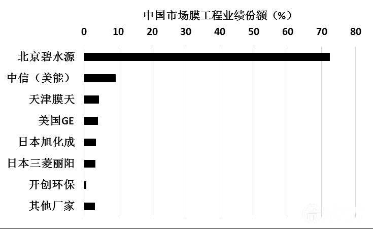 圖3 全球主要廠家在中國市場(chǎng)的MBR膜工程業(yè)績(jī)份額統(tǒng)計(jì)